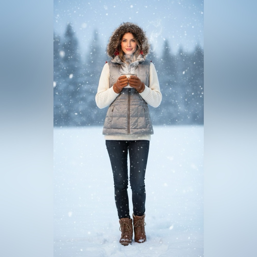 Eddie Bauer Gray Puffer Vest with Faux Fur